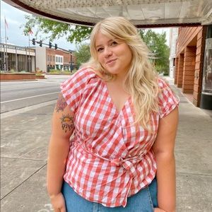 Old Navy Coral Gingham Wrap Tie Top